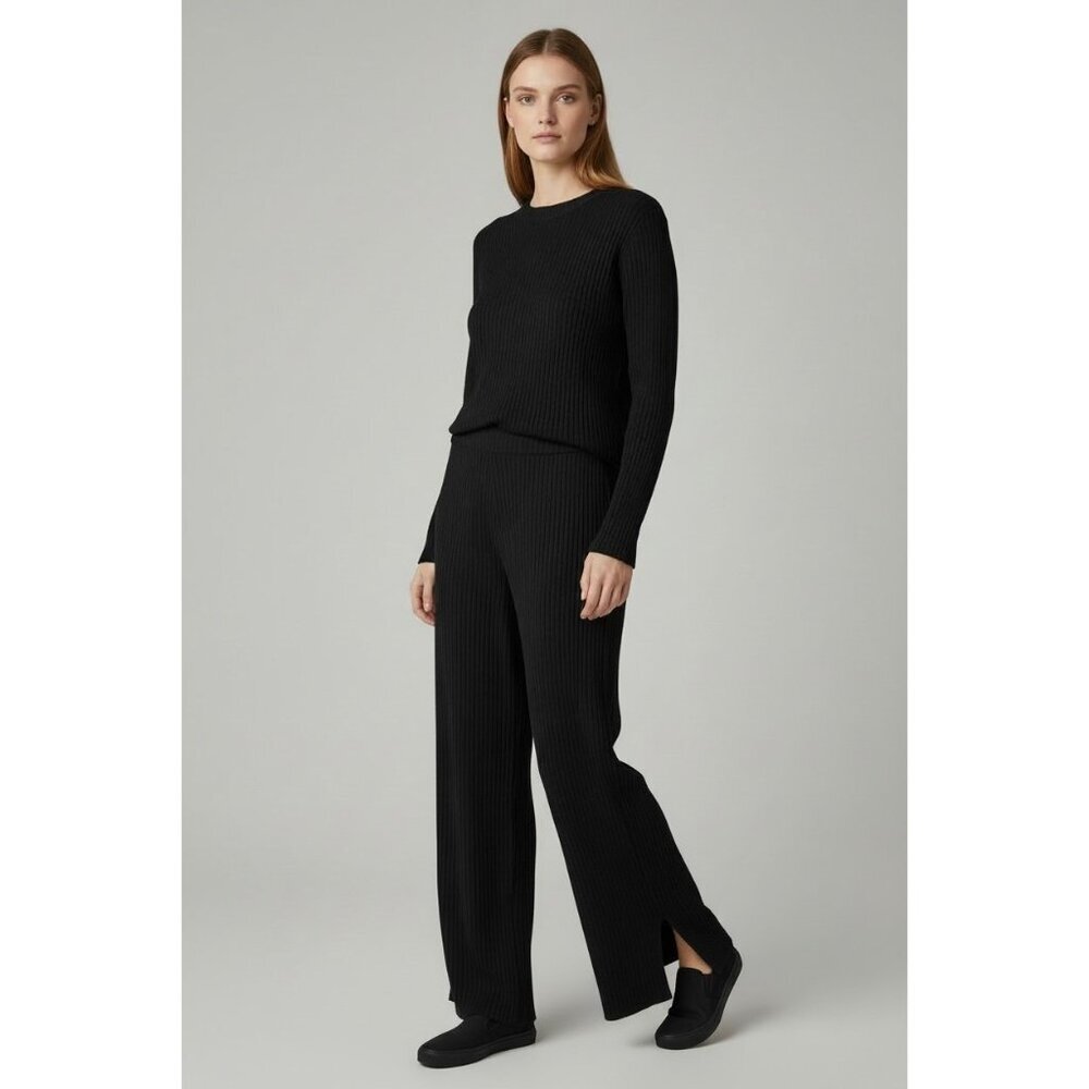 Eileen Fisher Black Ribbed Tencel Stretch Wide Leg Pants Pull-On L